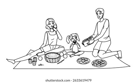 happy beach picnic family vector. vacation woman, eating nature, mother couple happy beach picnic family character. people black line pencil drawing illustration