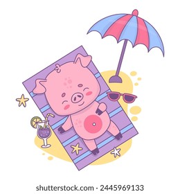 Happy beach piglet sunbathing and resting under sun umbrella with cocktail. Funny relaxing animal character. Vector illustration