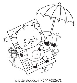 Happy beach piglet sunbathing and resting under sun umbrella. Cute outline animal cartoon. Line drawing, coloring book. Vector illustration