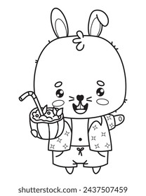 Happy beach rabbit boy with cocktail. Animal outline kawaii character. Vector illustration. Line drawing, coloring book