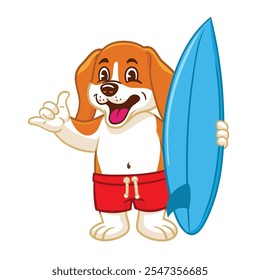 Personagem de mascote de surfista beagel feliz