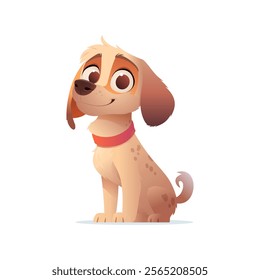 Happy Beagle dog, sitting. Brown fur with darker brown spots, expressive eyes, floppy ears. Red collar. Playful and friendly. Pet lovers concept. Isolated background. Flat cartoon vector illustration