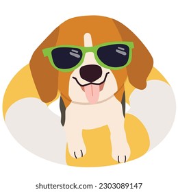 Happy Beagle dog with sunglasses and floating ring, air mattress for summer