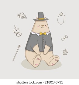 Happy bear aristocrat cartoon illustration for print, design, poster, greeting card, postcard