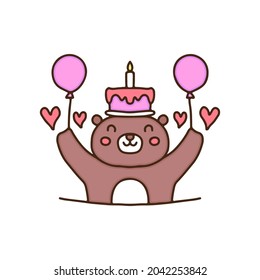 happy bear with birthday cake and balloons cartoon, illustration for stickers and t shirt.