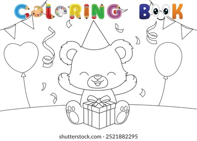 Happy bear with birthday present coloring book page. Vector illustration