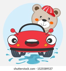 Happy bear boy driving red car.  flat clip art. Modern  poster for prints, kids cards, t-shirts and other.