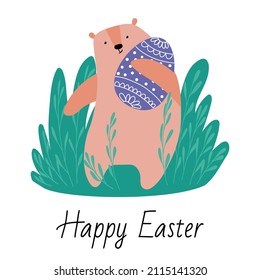 A happy bear carries a painted Easter egg. happy easter. Vector illustration for holiday poster, banner, greeting cards.