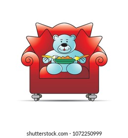 happy bear cartoon or mascot eating on cushion chair vector drawing