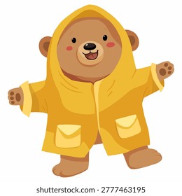 Happy Bear Character in Yellow Raincoat and Hood, Autumn Weather Concept, EPS Vector
