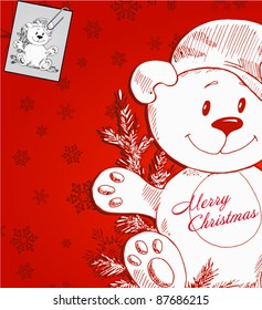 Frohe Bär mit Weihnachtsmütze und Baum - handgezeichnete Weihnachtsgrafik