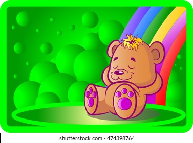 Happy bear cub sleeping on a rainbow. Abstract background with green balls. vector illustration.