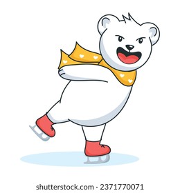 Oso feliz haciendo patinaje sobre hielo, pegatina de estilo plano 