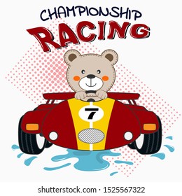 Happy Bear  Driving Red Sport Car.  Flat Clip Art. Modern  Poster For Prints, Kids Cards, T-shirts And Other. Vector Illustration
