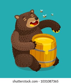 Happy bear eats out of keg of sweet honey. Cartoon vector illustration