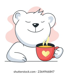 Happy bear enjoying tea, trendy flat sticker 
