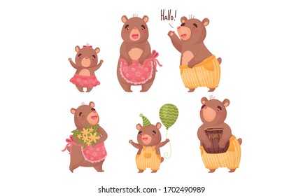 Happy Bear Family With Dad Bear Holding Honey And Mom Bear Wearing Apron Vector Set