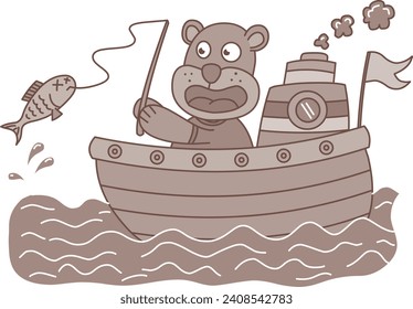 happy bear fishing on a ship