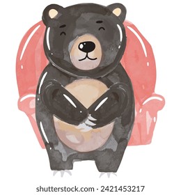 happy bear with floral wreath in the head. watercolor bear animal
