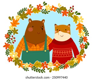 happy bear and fox friends hugging in a floral frame