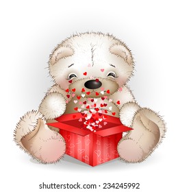 happy bear got in a gift box with lots of hearts