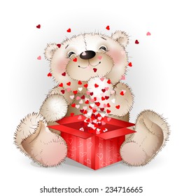 happy bear got in a gift box with lots of hearts. The white background.
