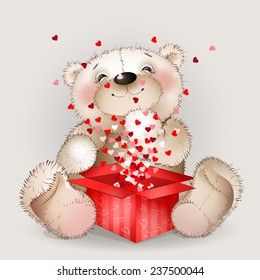 happy bear got in a gift box with lots of hearts. The background grey.