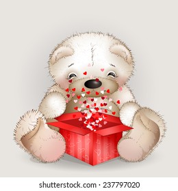 happy bear got in a gift box with lots of hearts