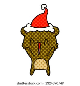 happy bear hand drawn comic book style illustration of a wearing santa hat