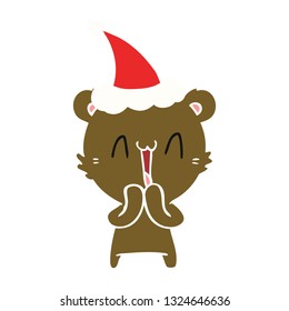 happy bear hand drawn flat color illustration of a wearing santa hat