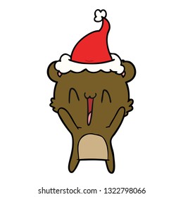 happy bear hand drawn line drawing of a wearing santa hat