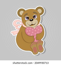 Happy Bear With  Heart.Cartoon Drawing.  Can Be Used To Print Books, Magazines, Stickers,greeting Card, Magnets, Postcards And Collages For Web Design.Valentine's Day. Childrens Illustration.