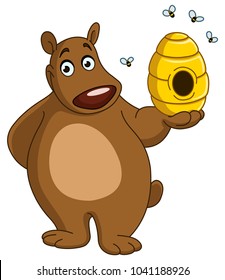 Happy bear holding a beehive