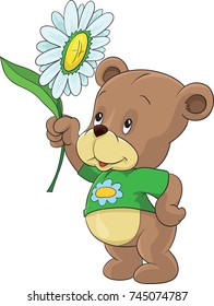 Happy bear holding big white yellow flower green leaf / teddy bear standing on the floor with big natural element eco