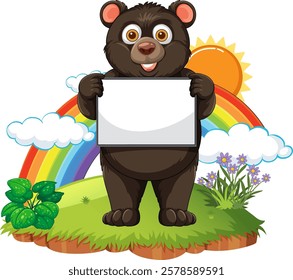 A happy bear holding a blank sign