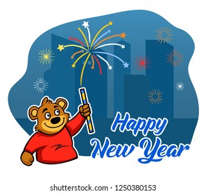 Happy bear holding firework stick and celebrate new year.