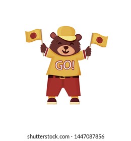 Happy bear holding a flags, dressed bear, fan bear, smiling cartoon animal with clothes