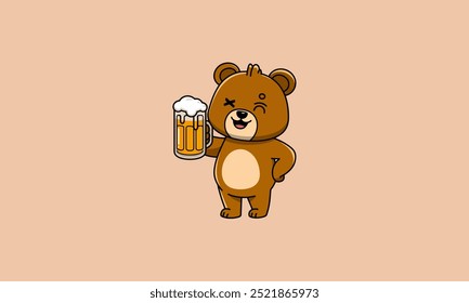 Happy bear holding a glass of beer and winking.