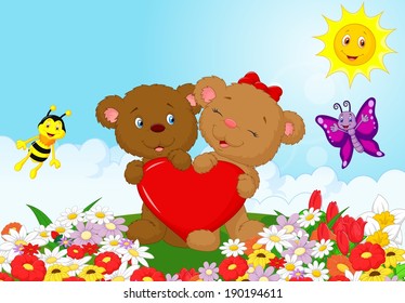 Happy bear holding red heart