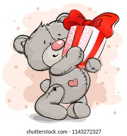 Happy bear holds in his paws a huge gift. Background color