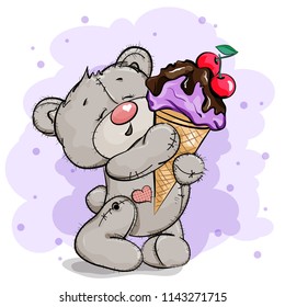 Happy bear holds a huge ice cream in his paws. Background color