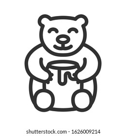happy bear, keg with honey, linear icon. Editable stroke