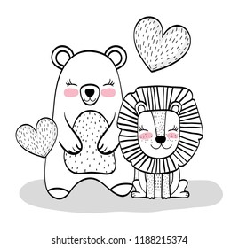 happy bear and lion animals with hearts