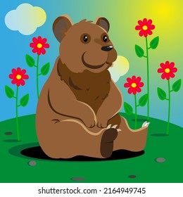 Happy bear in middle of flower garden