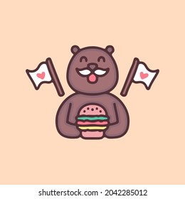 happy bear with mustache holding burger cartoon, illustration for stickers and t shirt.