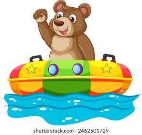 Happy bear on a colorful inflatable boat