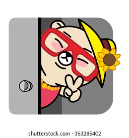 Happy bear open the door  cartoon vector illustration