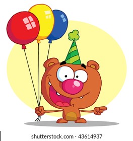 Happy bear in party hat with balloons