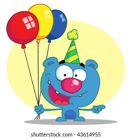 Happy bear in party hat with balloons