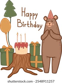 Happy bear in a party hat, cake on a tree stump, balloons and presents. Birthday illustration in forest theme with green and orange gifts. Cartoon vector artwork for greeting cards, party invitations